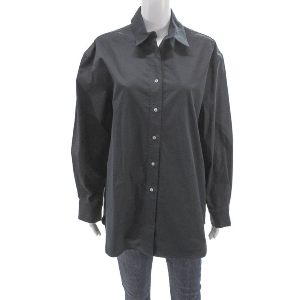 QL2 Womens Basic Collared Black Long Sleeve Button-Up Top 97% Cotton Size 48